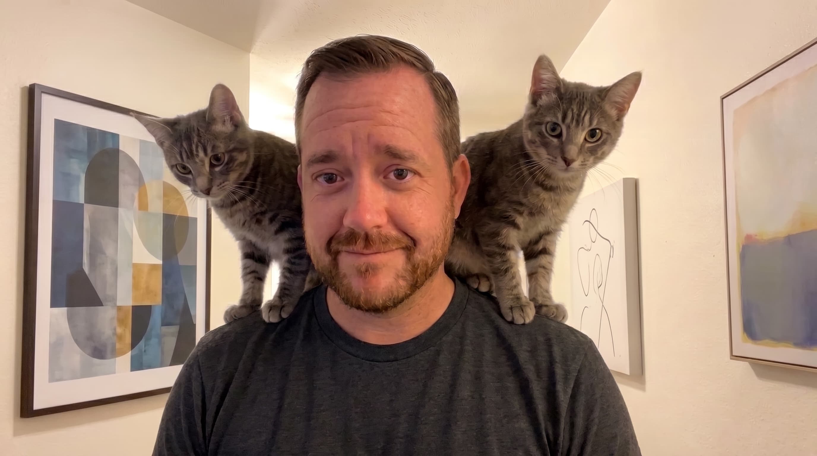 Matt at home with two kittens perched on his shoulders